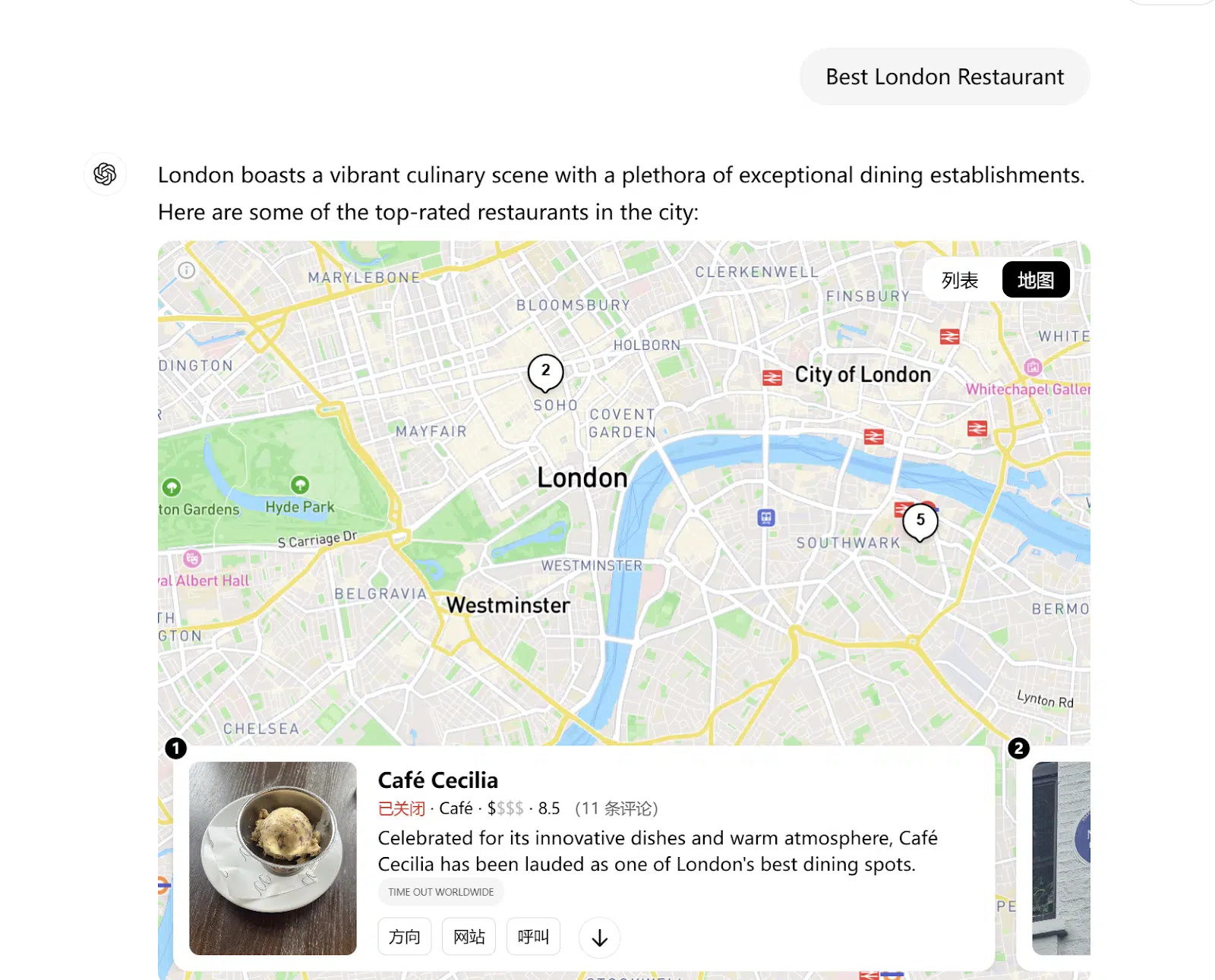 ChatGPT Search - best restaurants in London