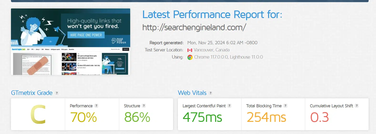 GTmetrix performance report