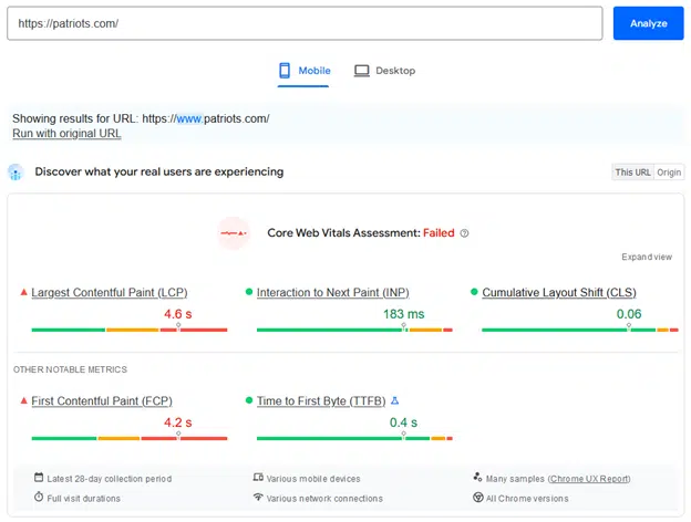 Google PageSpeed Insights for Patriots.com