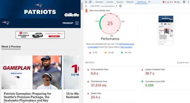 Lighthouse metrics - Patriots.com