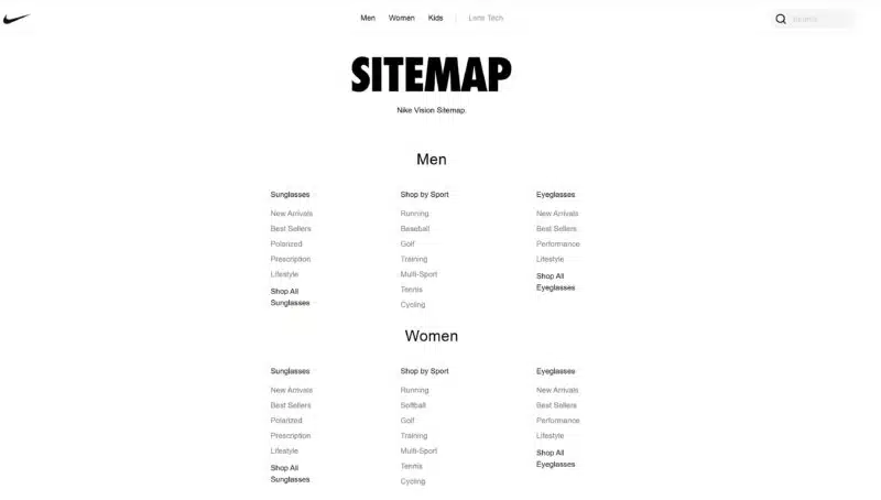 screenshot of an HTML page from the Nike brand, with a structured list of HTML links, which together constitute an HTML sitemap, intended for both users and agents.