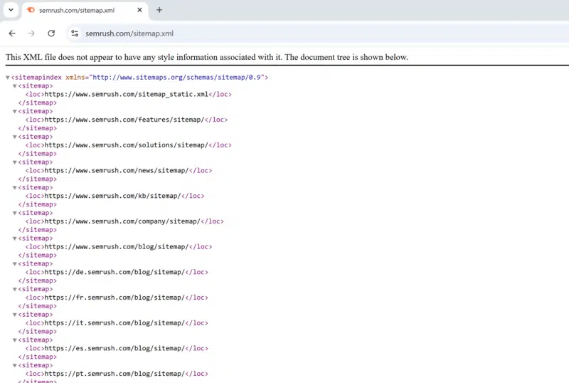 screenshot of sitemaps XML map showing items in list