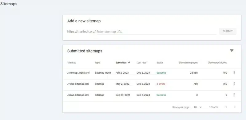 Sitemaps list in Google Search Console showing one map contains 2 errors