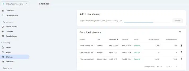 Screenshot of where to upload sitemaps in Google search console