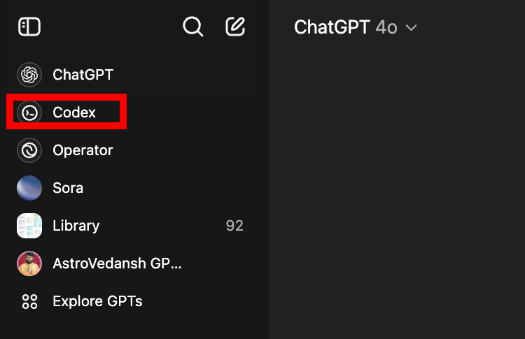 Open ChatGPT → “Codex” sidebar  